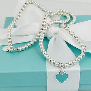 18" Return to Tiffany Necklace Heart Tag Bead Necklace with Blue Enamel
